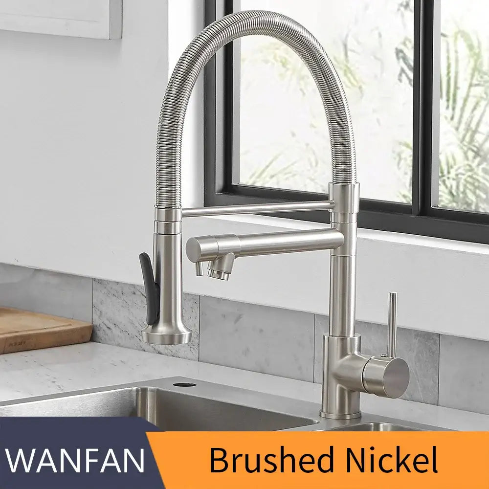 Modern matte black and brushed nickel spring kitchen faucet