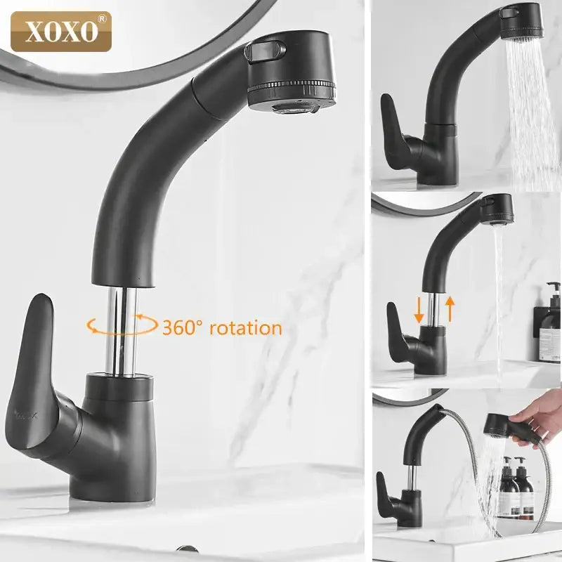 Modern matte black basin faucet kitchen pull out spray mixer tap