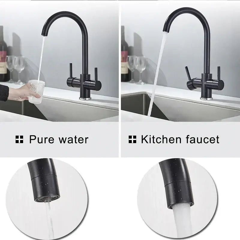 Modern matte black brass kitchen faucet with filter and dual handles