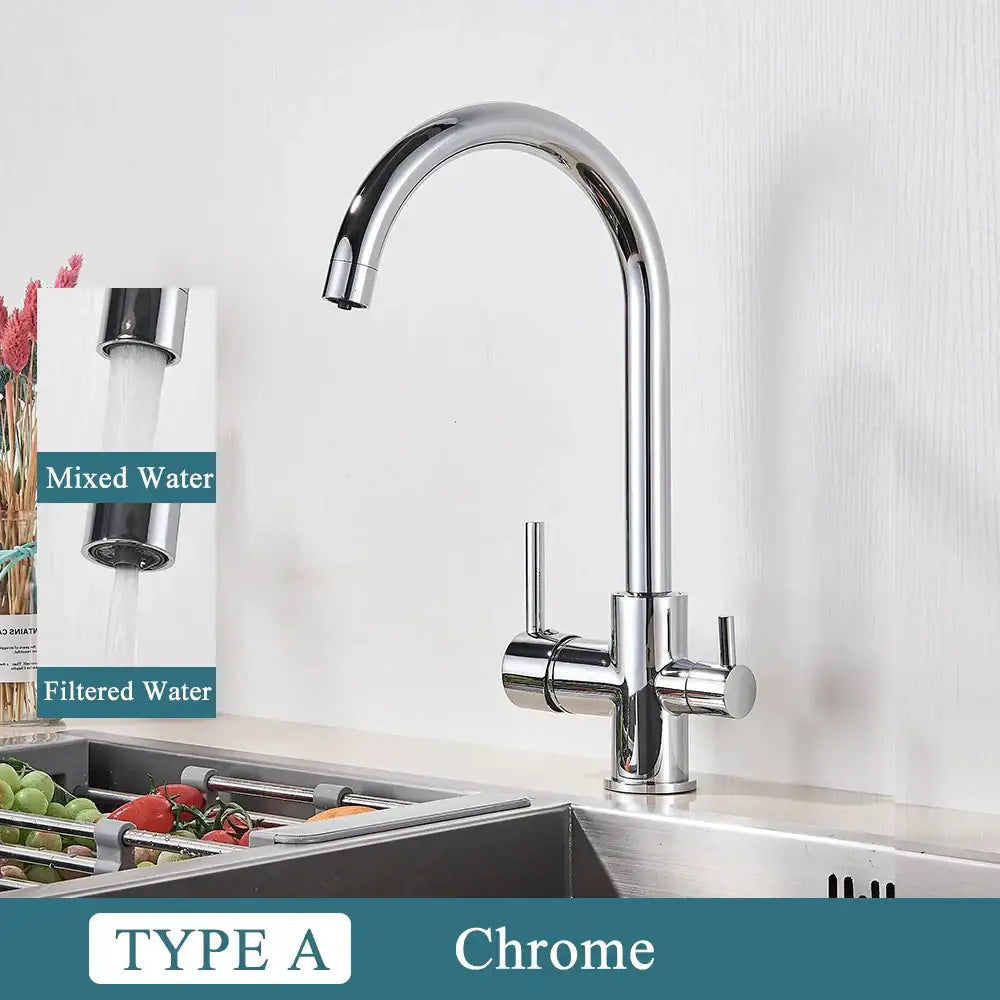 Modern matte black brass kitchen faucet with filter and dual handles
