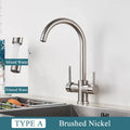 Modern matte black brass kitchen faucet with filter and dual handles
