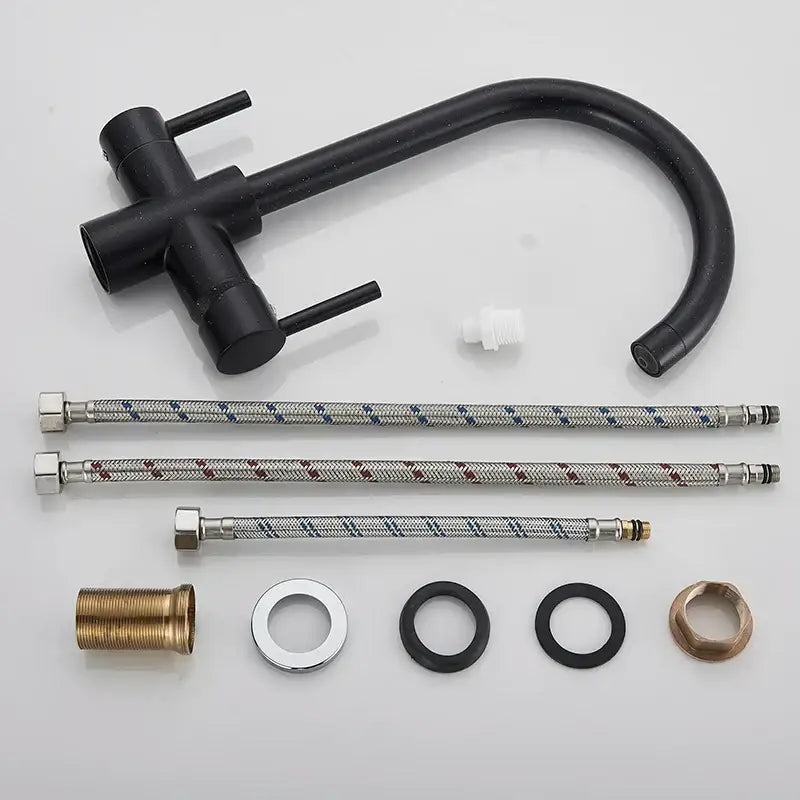 Modern matte black brass kitchen faucet with filter and dual handles