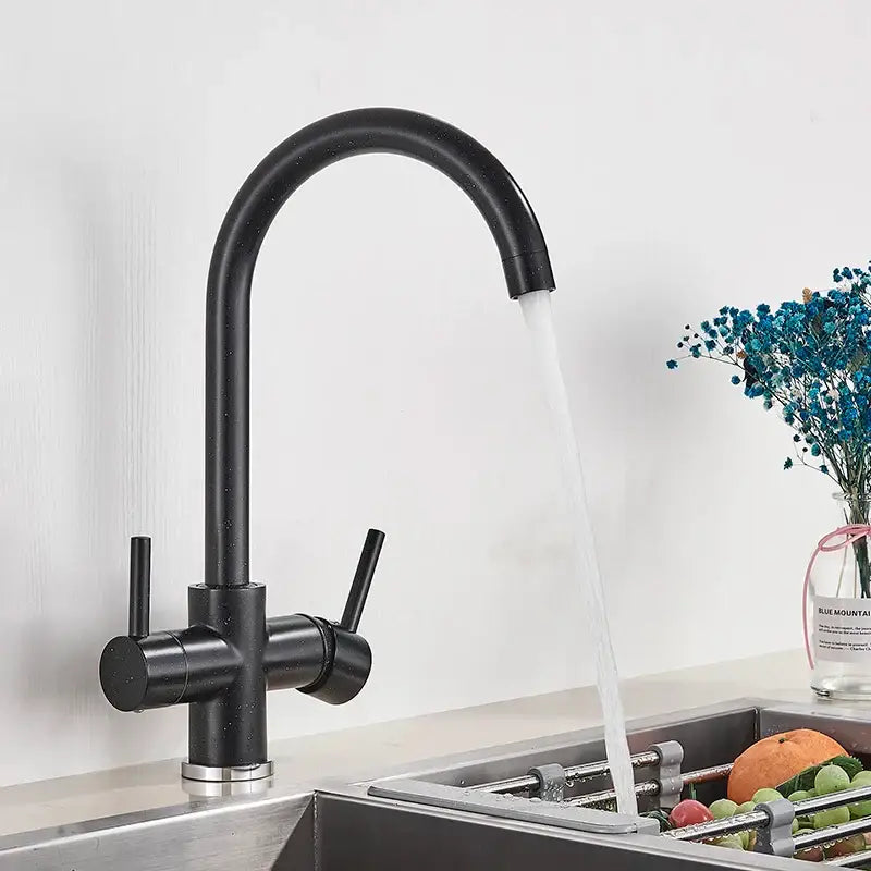 Modern matte black brass kitchen faucet with filter and dual handles