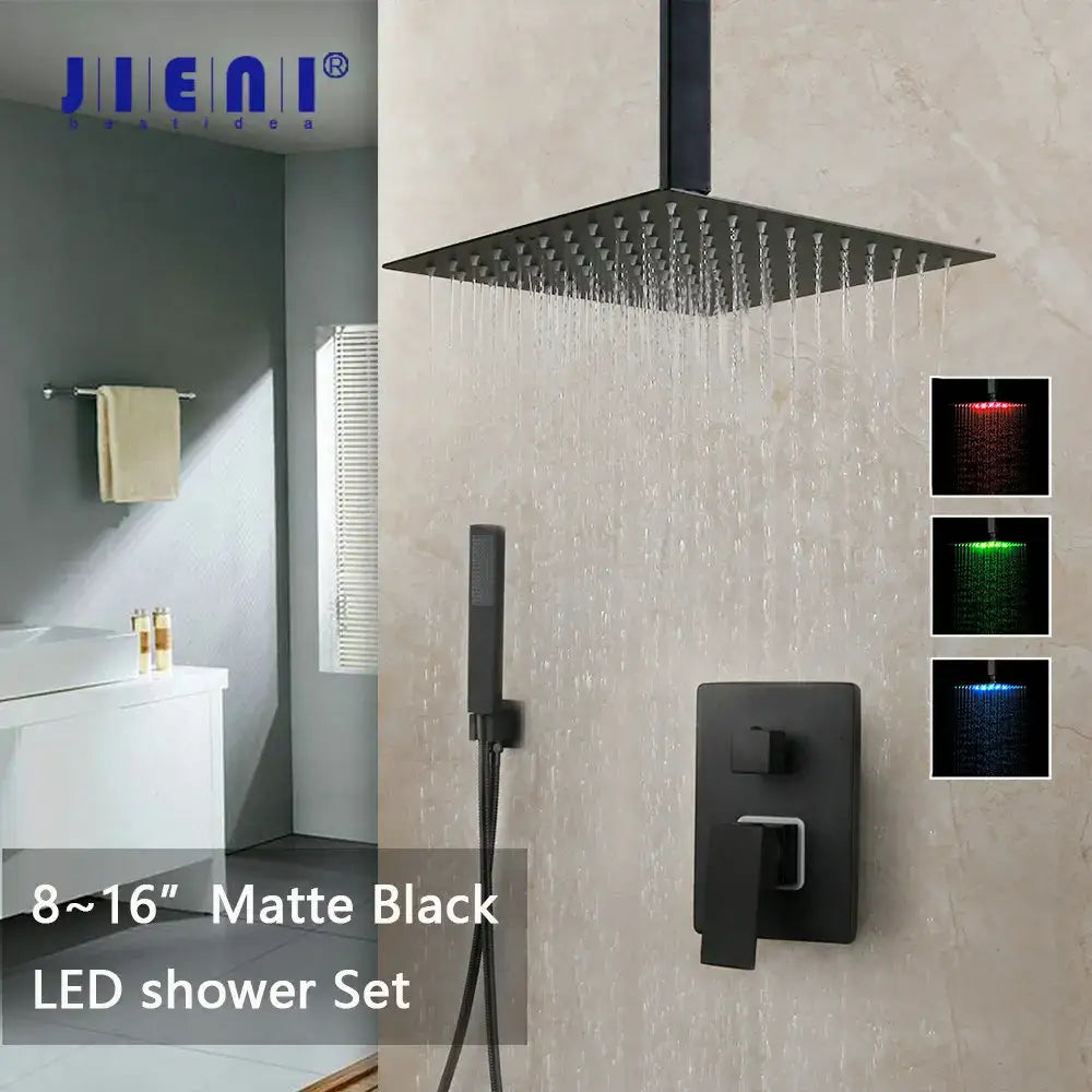 Modern matte black led shower faucet set bathroom rain head