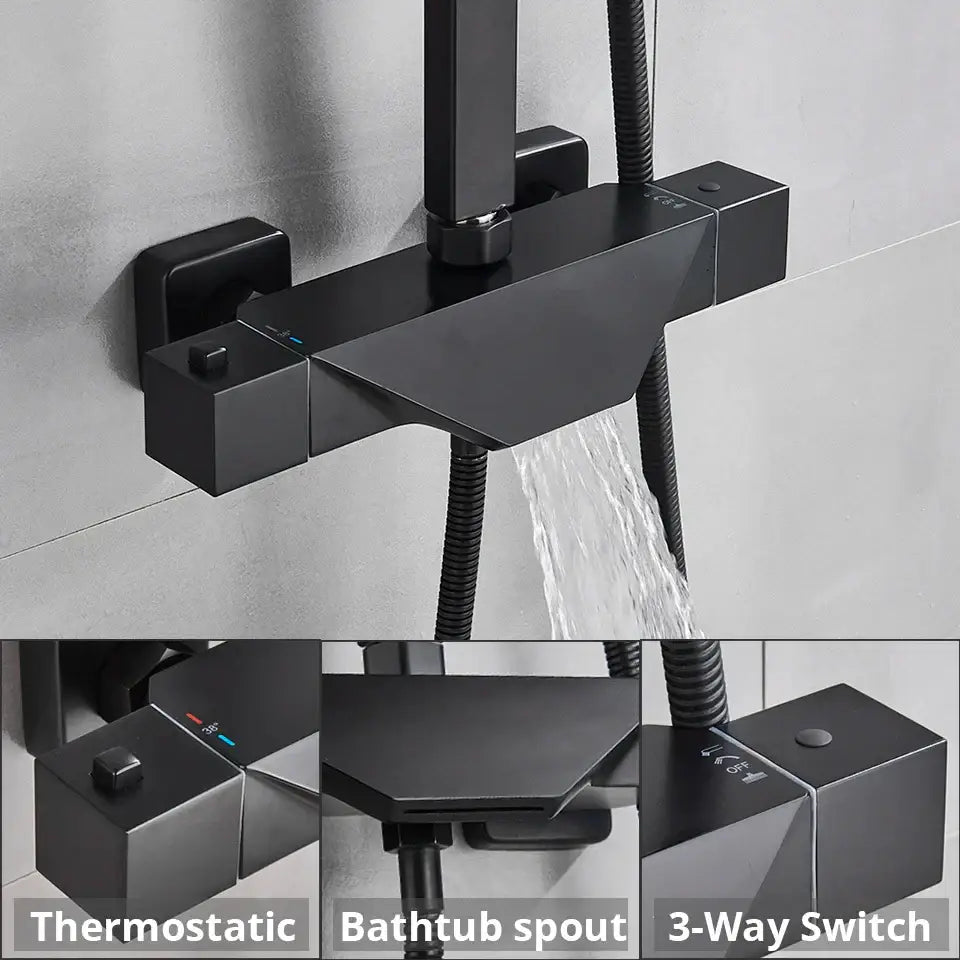 Modern matte black rain shower faucet set bathroom wall mount