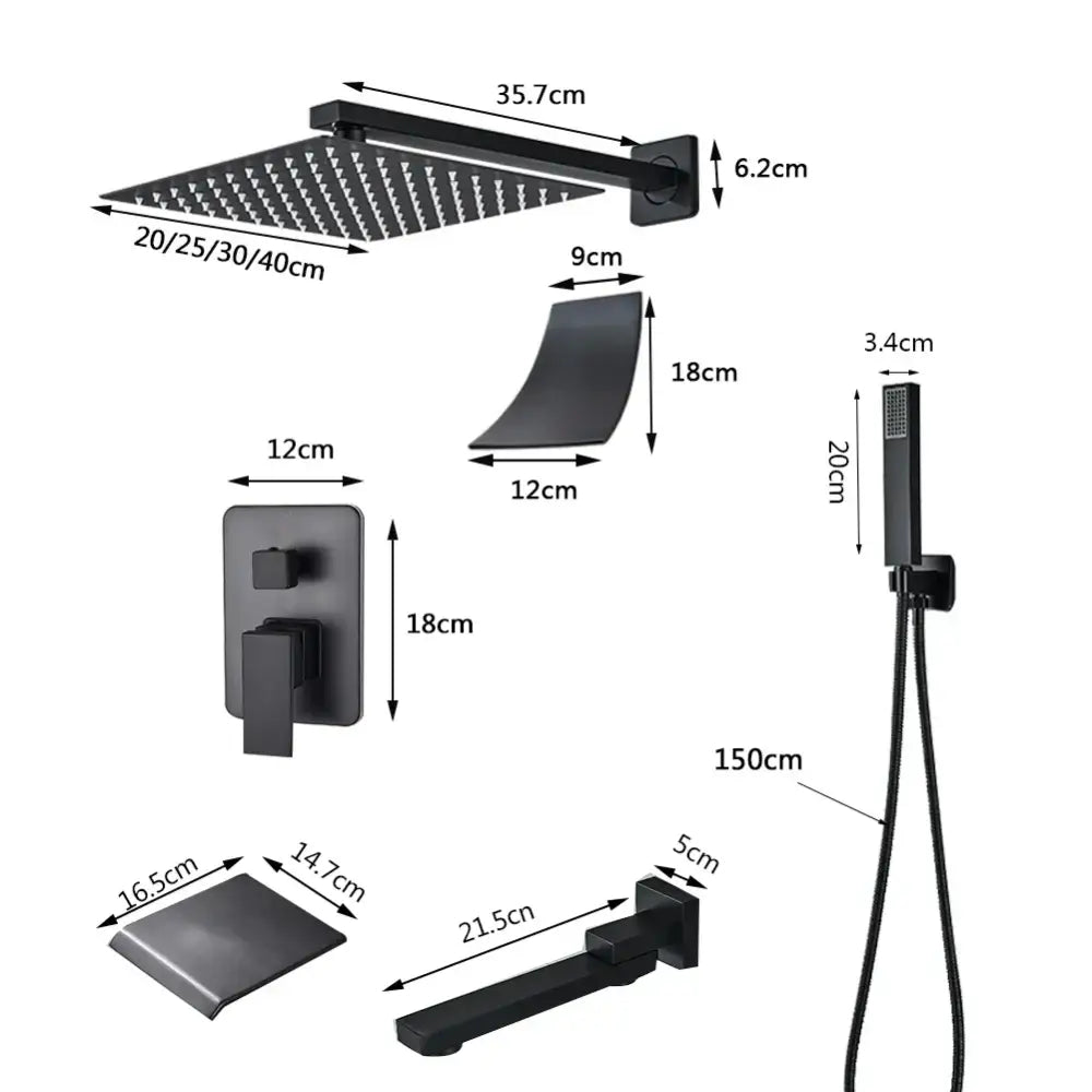 Modern matte black wall mounted rainfall shower with tub spout bathroom