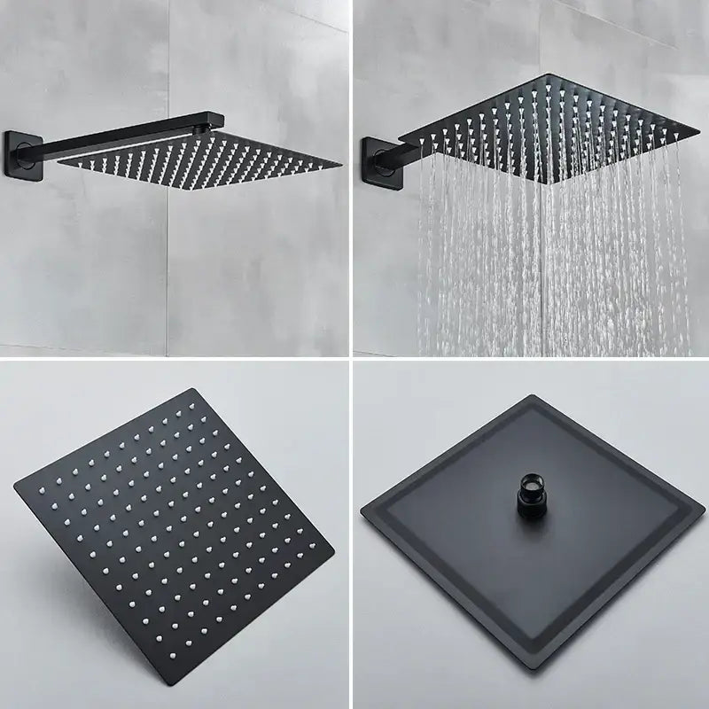 Modern matte black wall mounted rainfall shower with tub spout bathroom