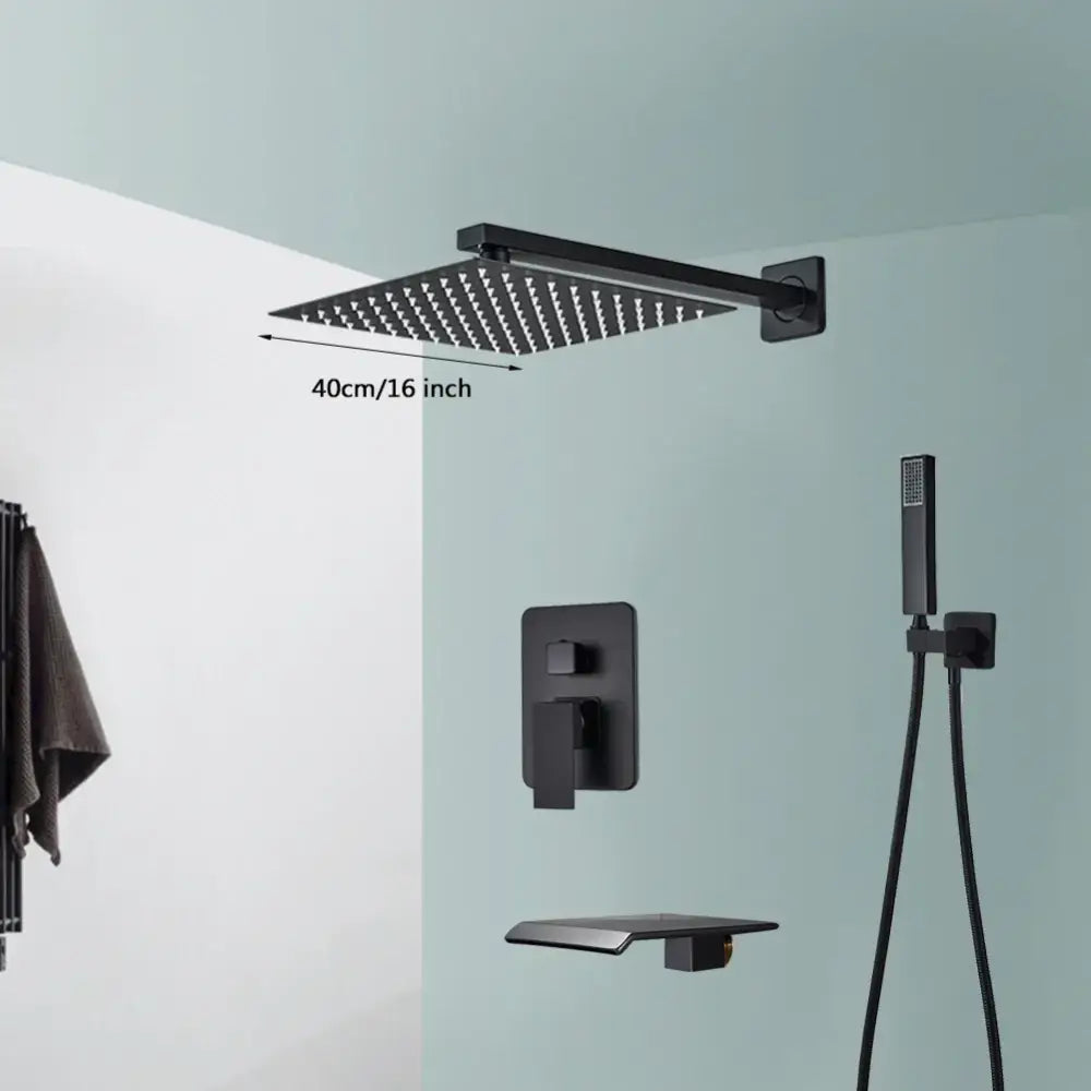 Modern matte black wall mounted rainfall shower with tub spout bathroom
