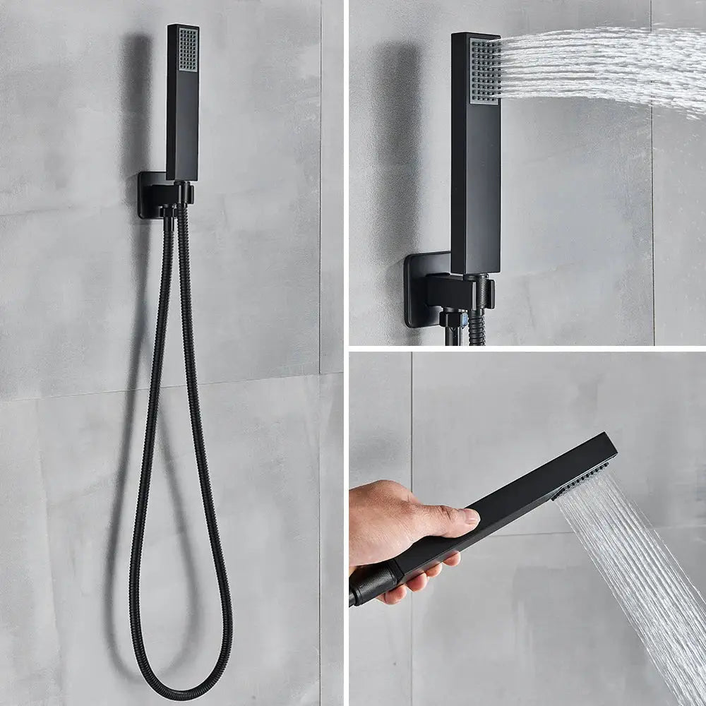 Modern matte black wall mounted rainfall shower with tub spout bathroom