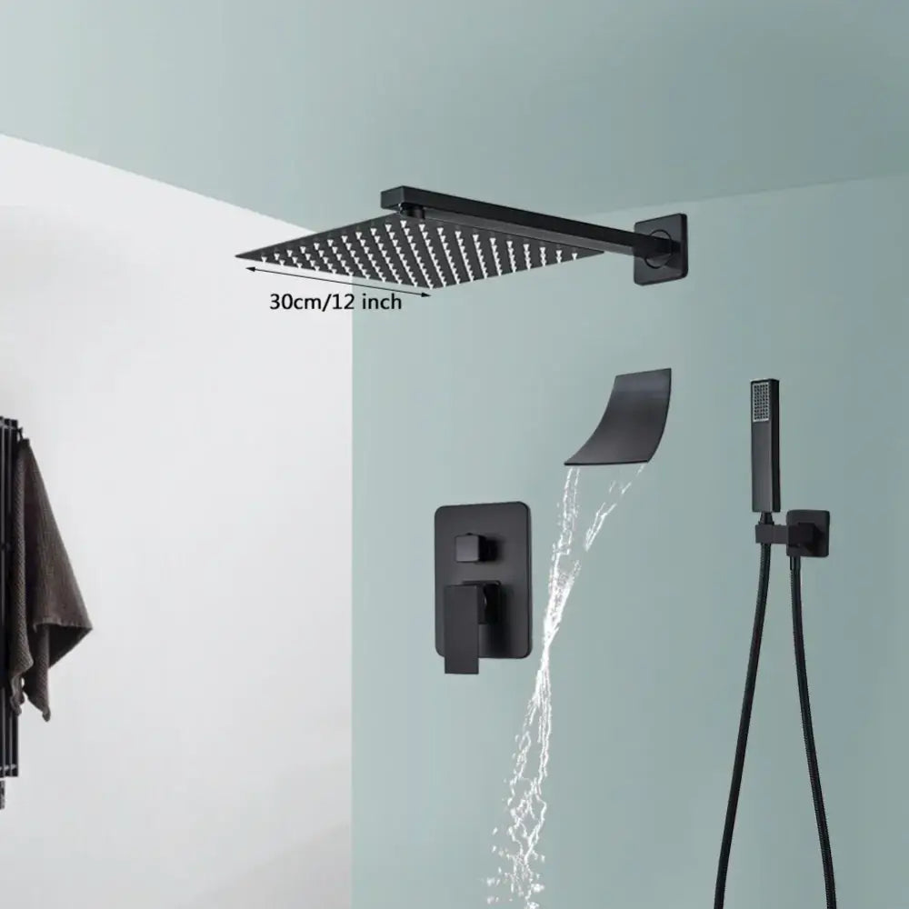 Modern matte black wall mounted rainfall shower with tub spout bathroom