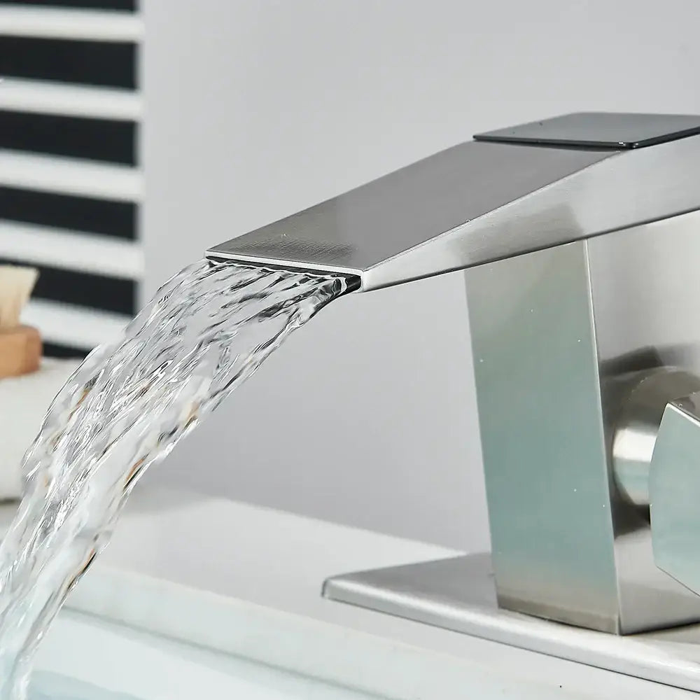 Modern matte black waterfall bathroom faucet with temperature display