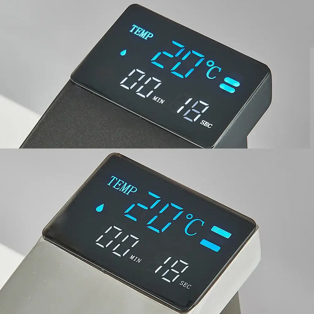 Modern matte black waterfall bathroom faucet with temperature display