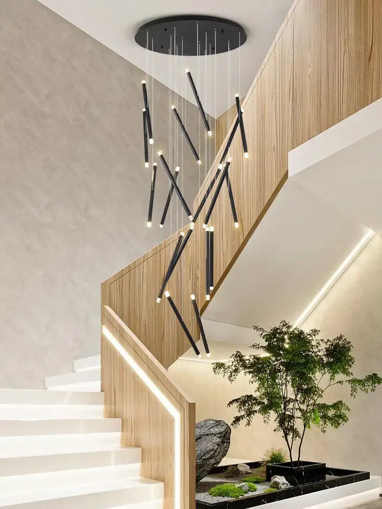 Modern minimalist black round tube led chandelier staircase light