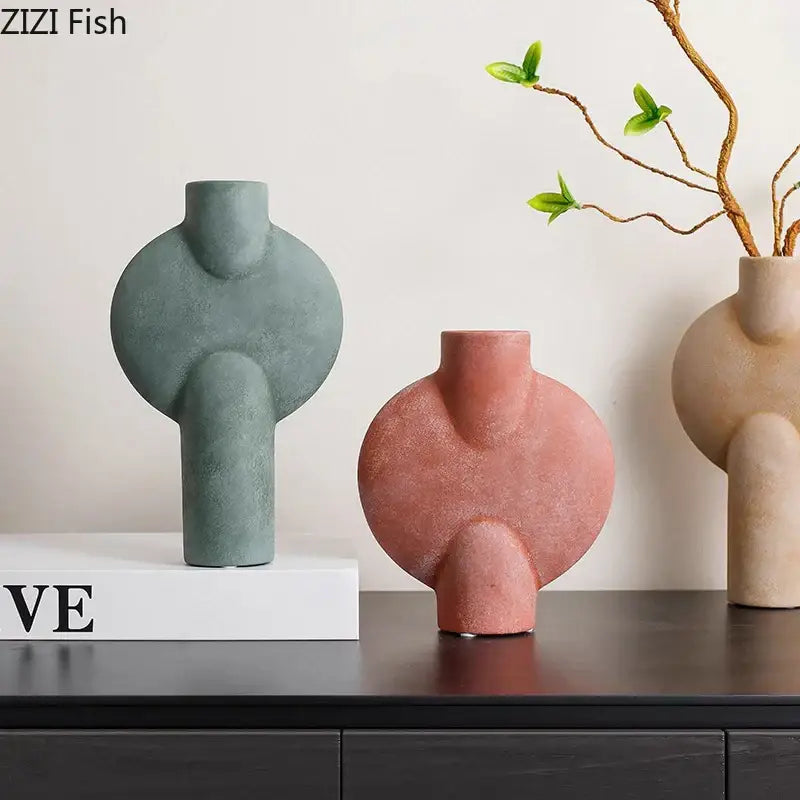 Modern muted tones ceramic disc vase set living room decor