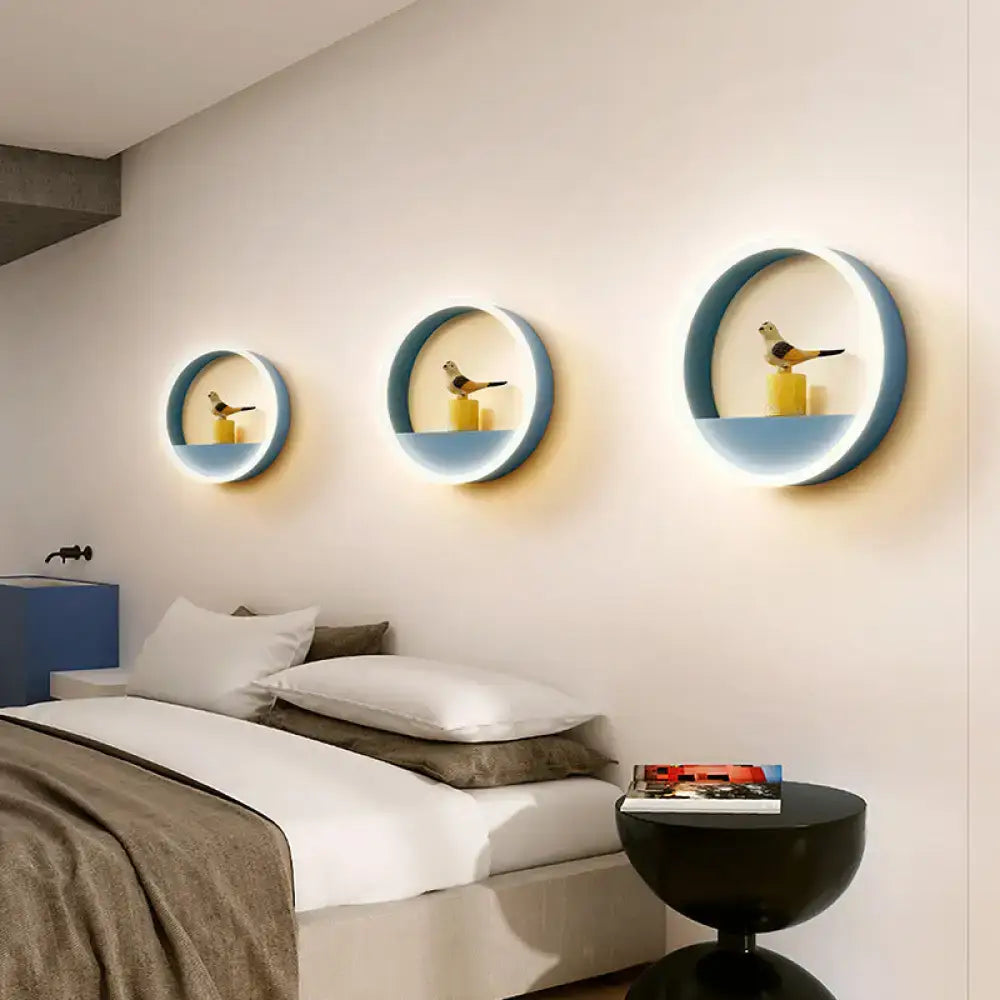 Modern pink & blue iron hoop wall light with bedroom storage rack