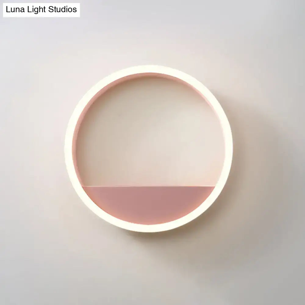 Modern pink & blue iron hoop wall light with bedroom storage rack