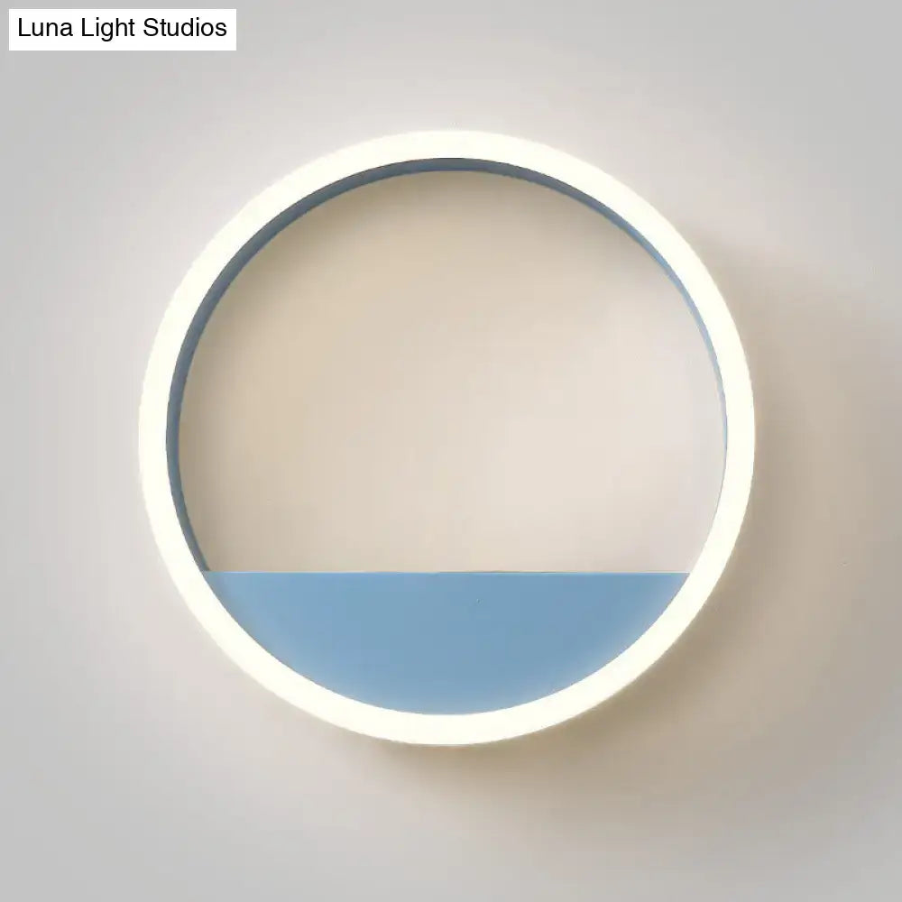Modern pink & blue iron hoop wall light with bedroom storage rack
