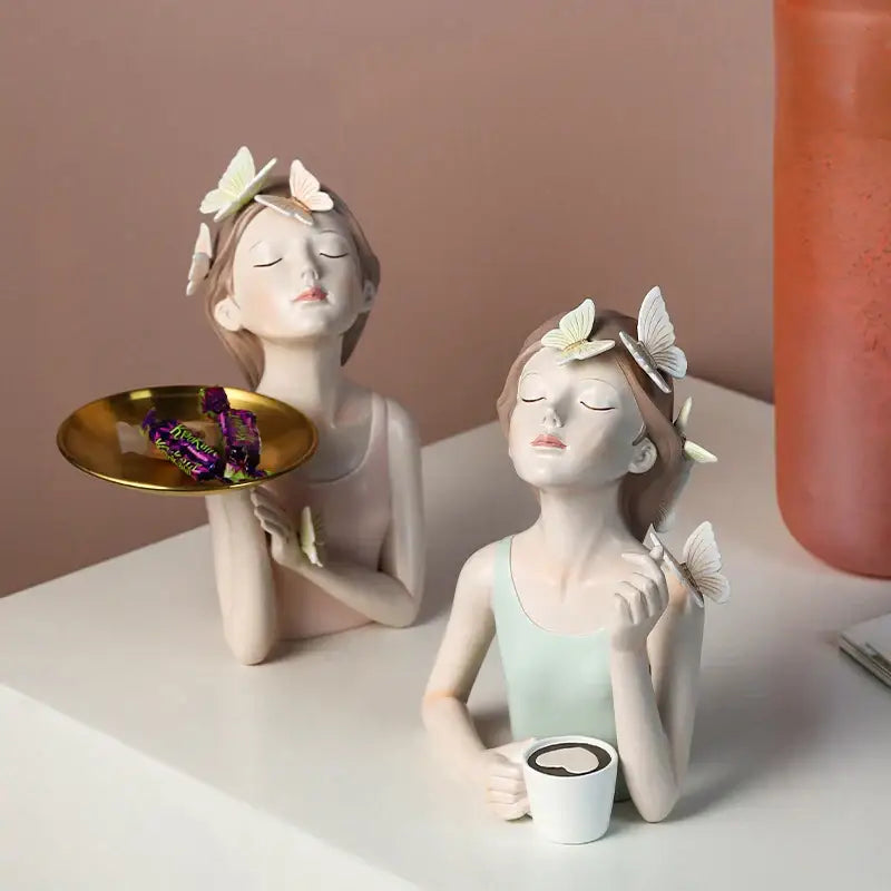 Modern pink butterfly girl resin figure living room decor gold tray