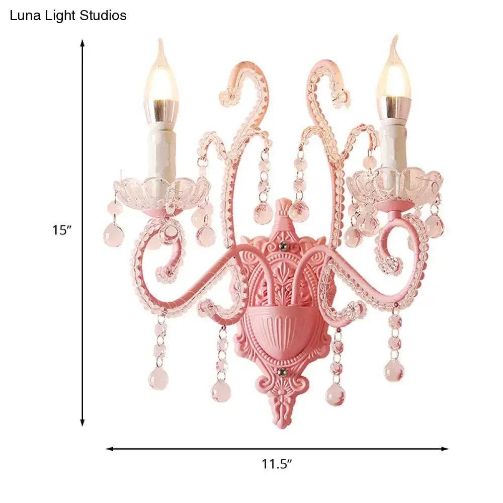Modern pink metallic scroll arm wall lamp with crystal bedroom sconce