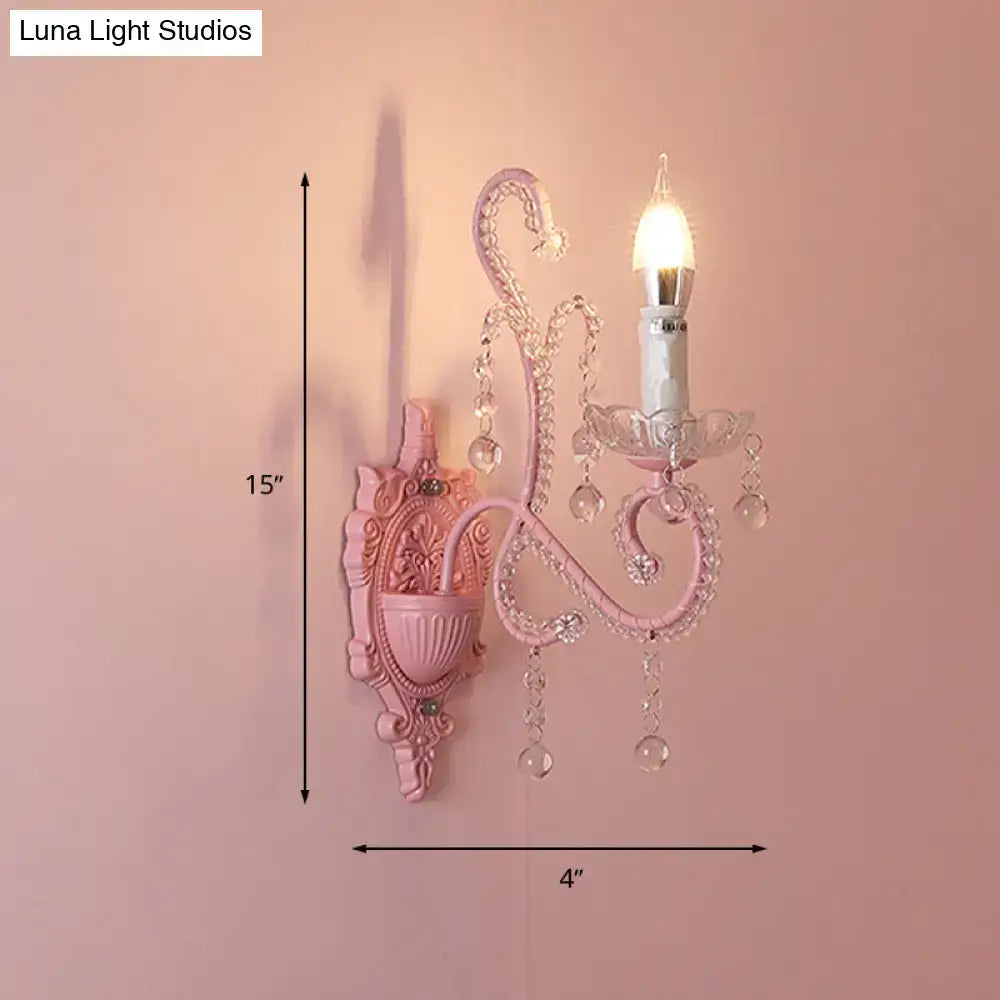 Modern pink metallic scroll arm wall lamp with crystal bedroom sconce