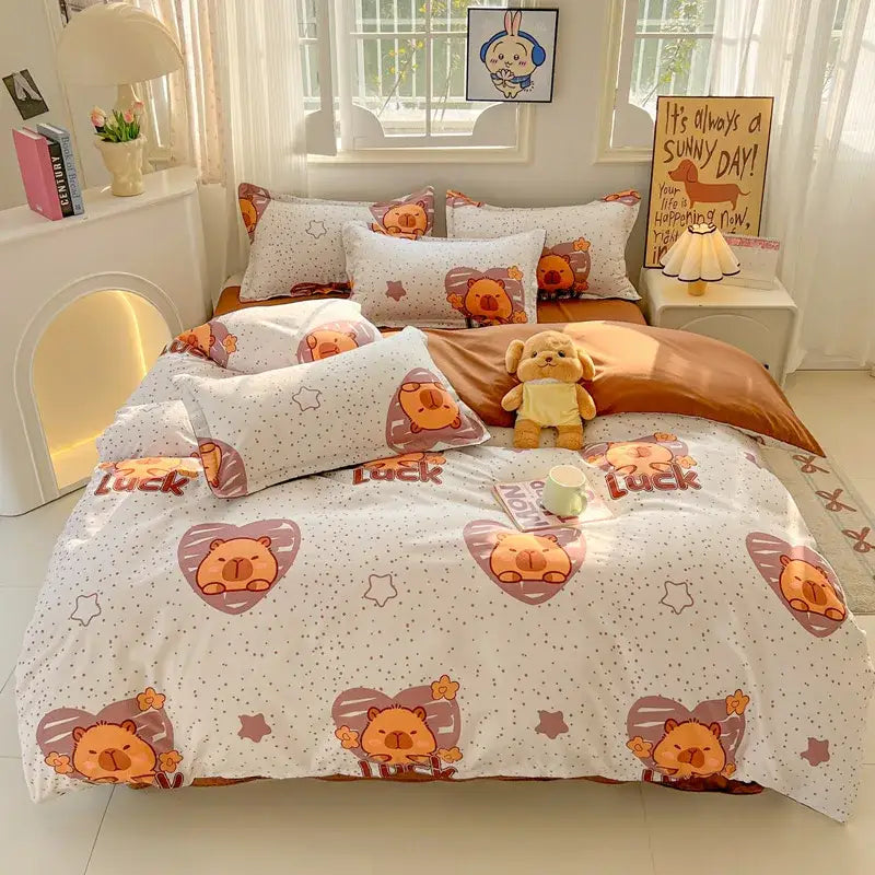 Modern plaid cartoon printed bedding sets bedroom quilt cover kit