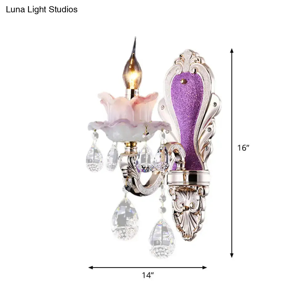 Modern purple & silver crystal wall sconce – bedroom floral light