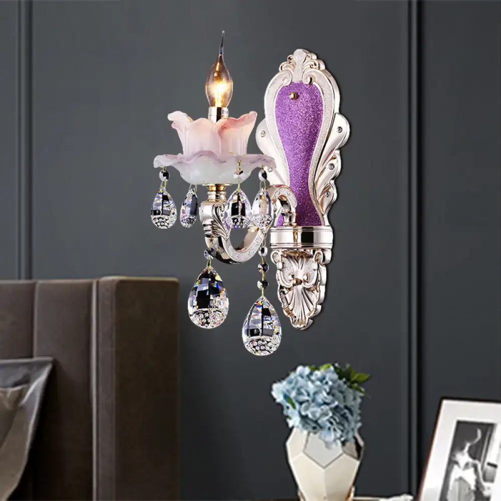 Modern purple & silver crystal wall sconce – bedroom floral light