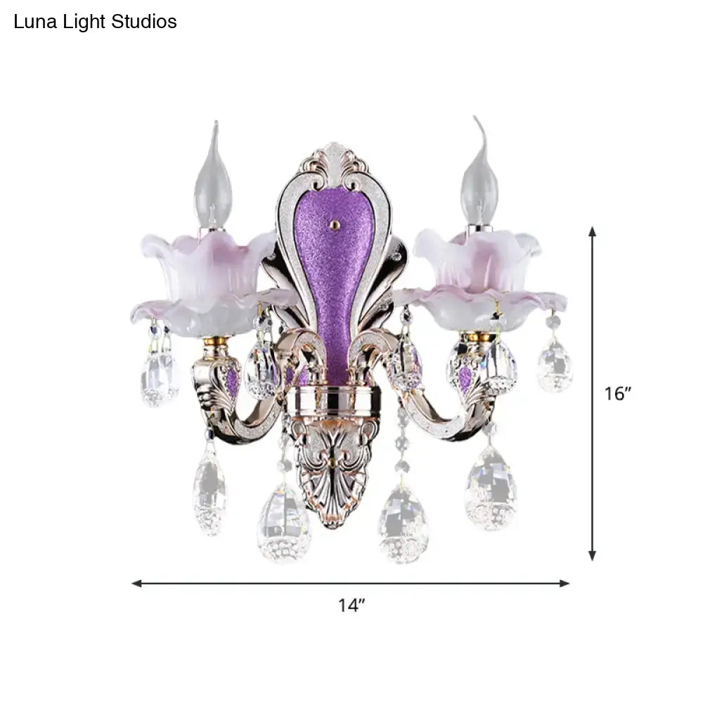 Modern purple & silver crystal wall sconce – bedroom floral light