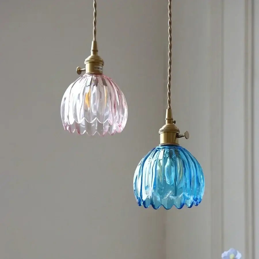 Modern ribbed blue glass pendant light for dining room