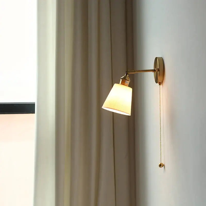 Modern ribbed ceramic led wall light bedroom brass pull chain