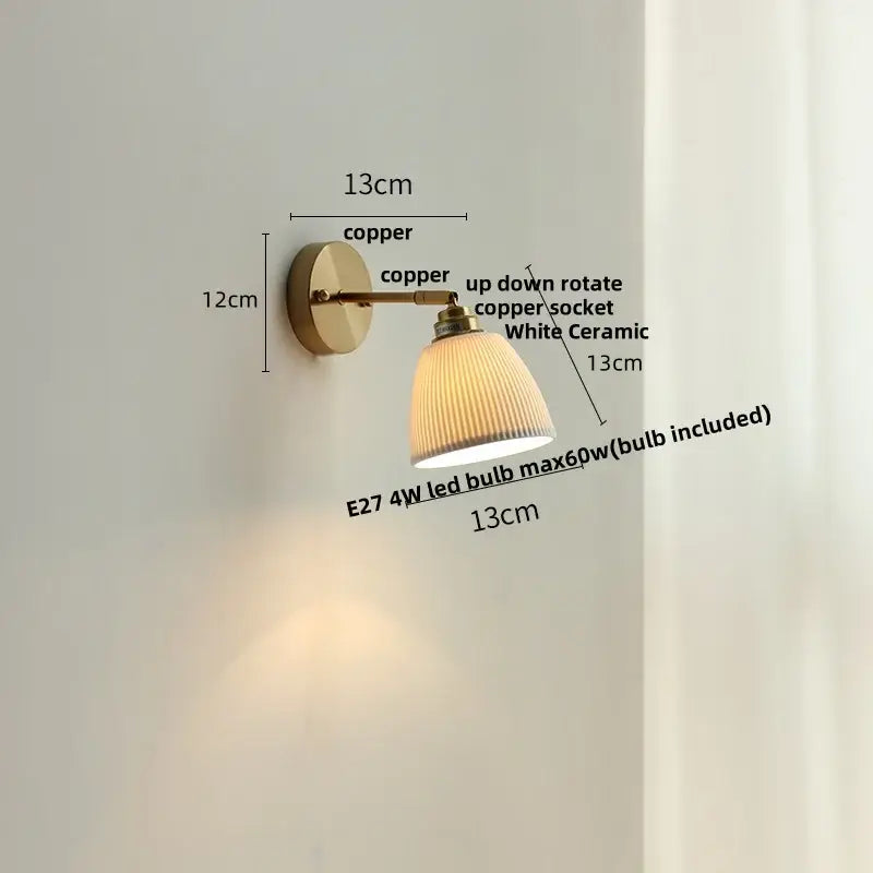 Modern ribbed ceramic led wall lights with brass arm bedroom sconce