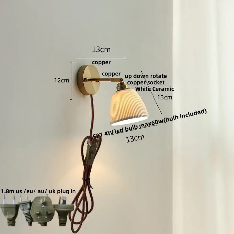 Modern ribbed ceramic led wall lights with brass arm bedroom sconce