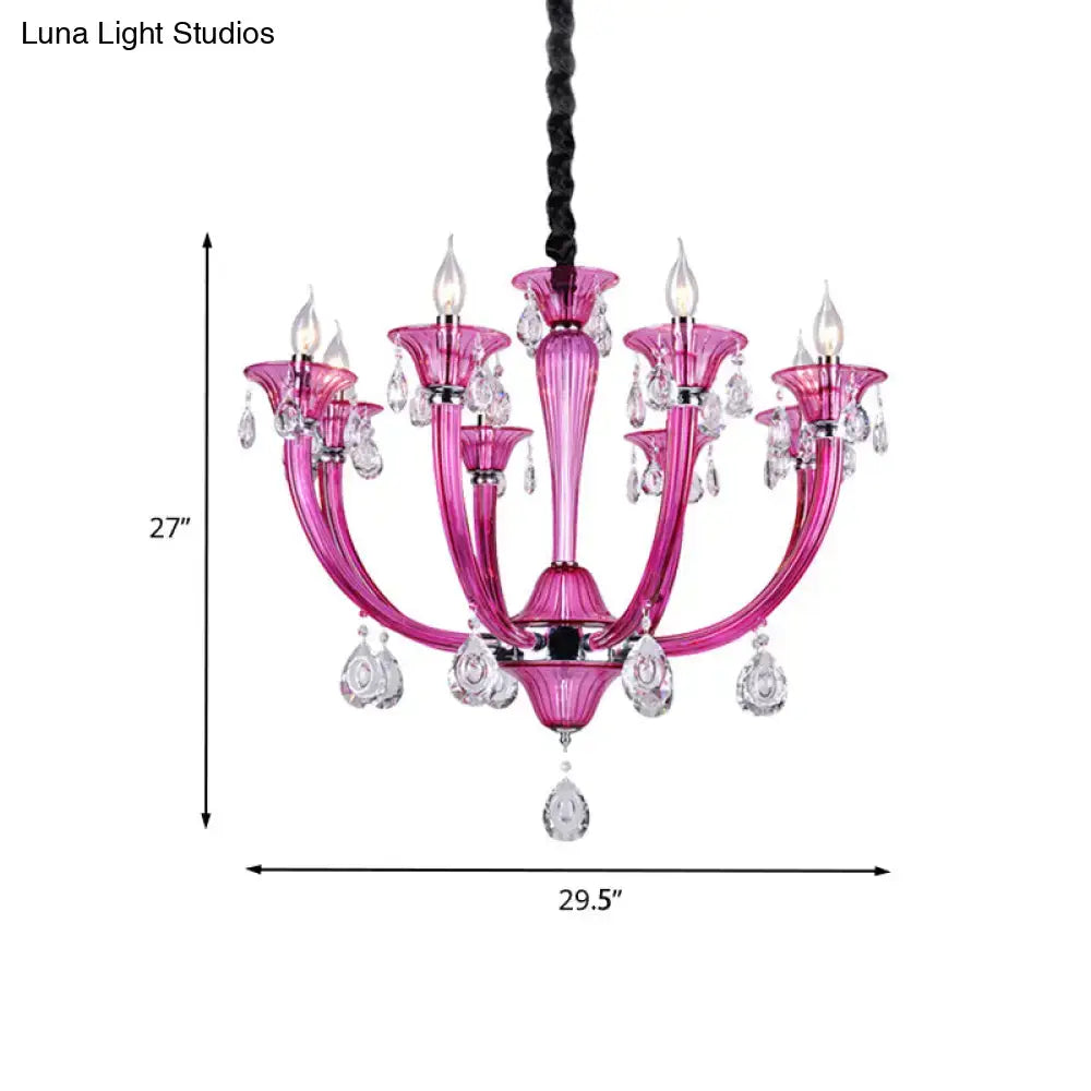 DecorBites™ modern rose red glass chandelier with crystal droplets and black braided cord for living room lighting