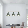 DecorBites green iron island pendant ceiling light with three matte sage green conical shades and wooden bar fixture