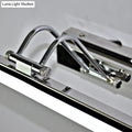 Modern silver finish linear wall mount led vanity lamp with chrome-finished metal track lighting and adjustable curved arms