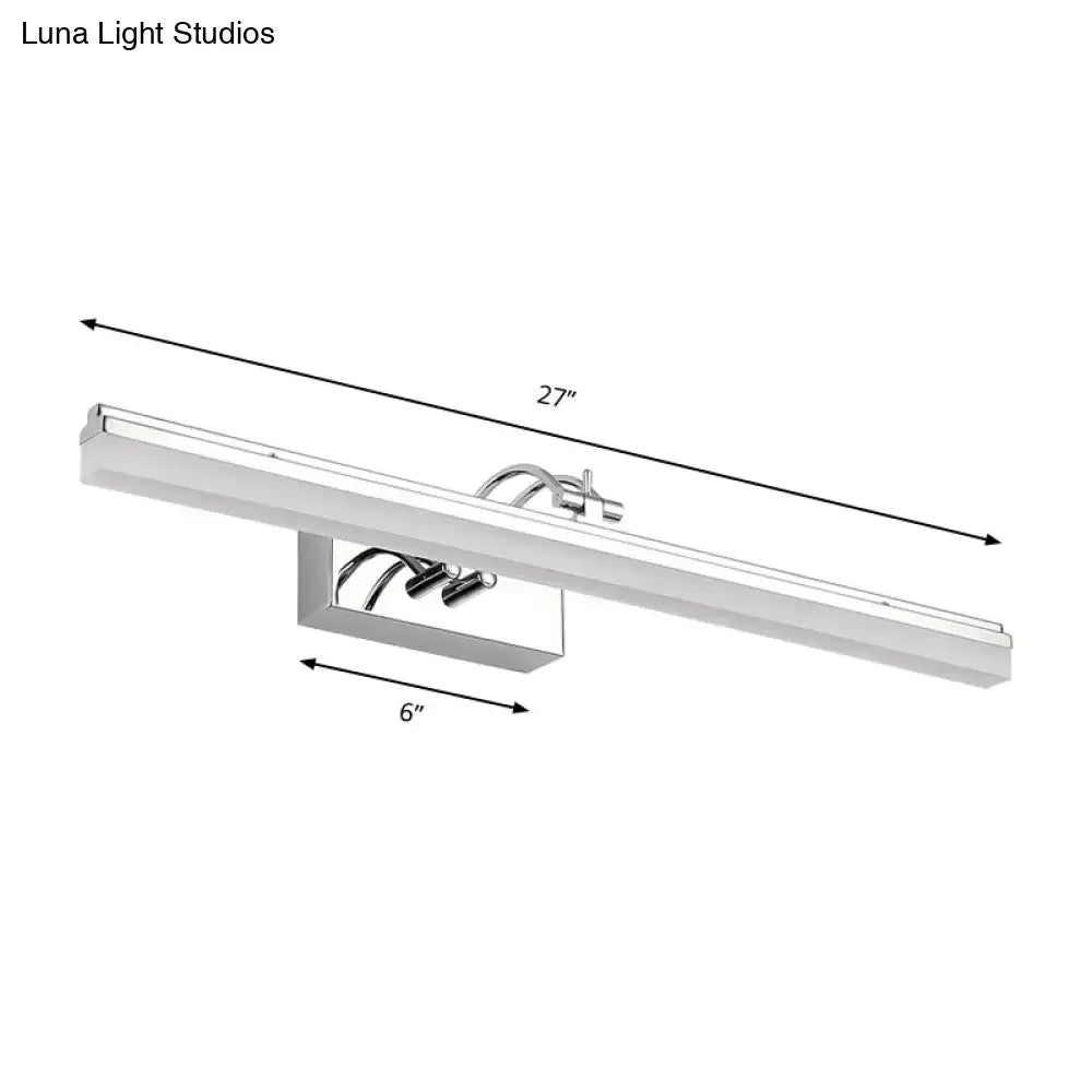Modern silver linear LED wall light with warm white acrylic shade and integrated mounting bracket for bathroom use