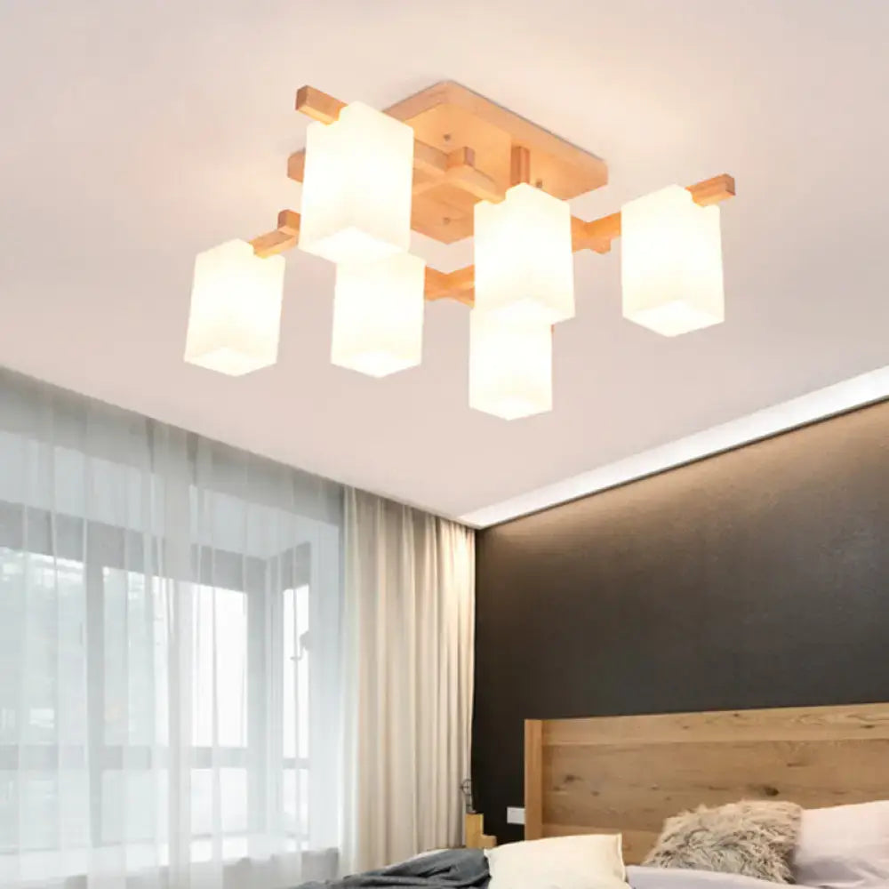 Modern square wood living room flush mount with white glass shade