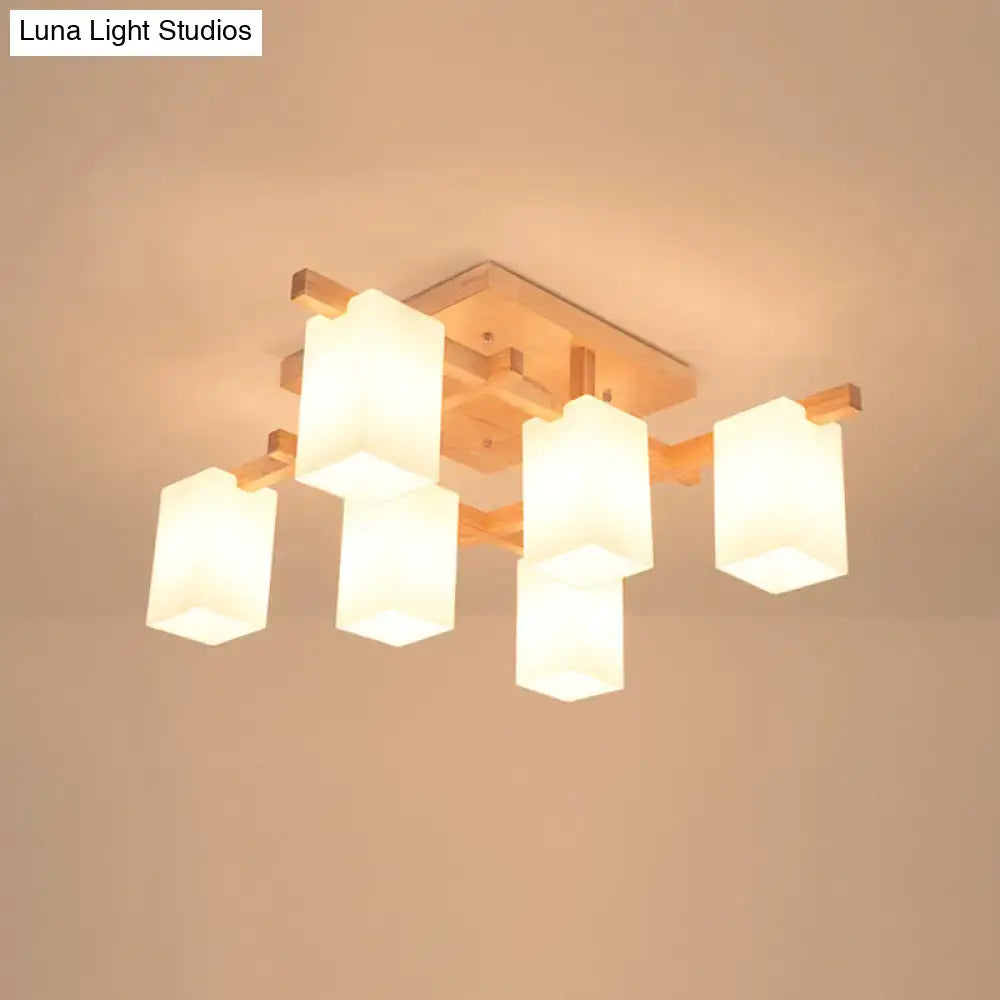 Decorbites modern wood living room semi flush mount chandelier with five frosted white glass shades square design