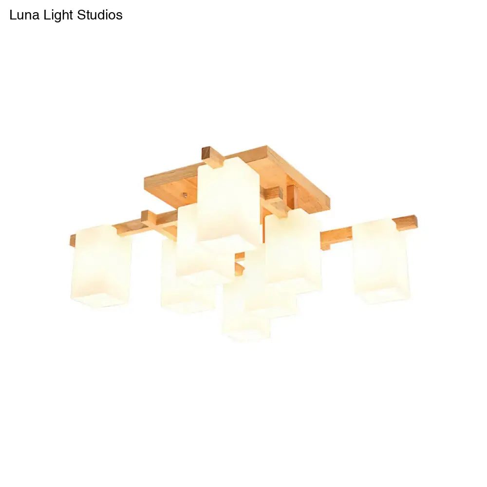 Modern square wood living room flush mount with white glass shade