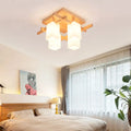 Modern square wood living room flush mount with white glass shade