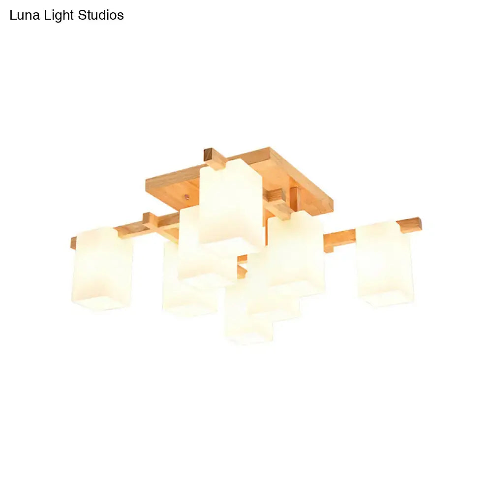 Modern square wood living room flush mount with white glass shade