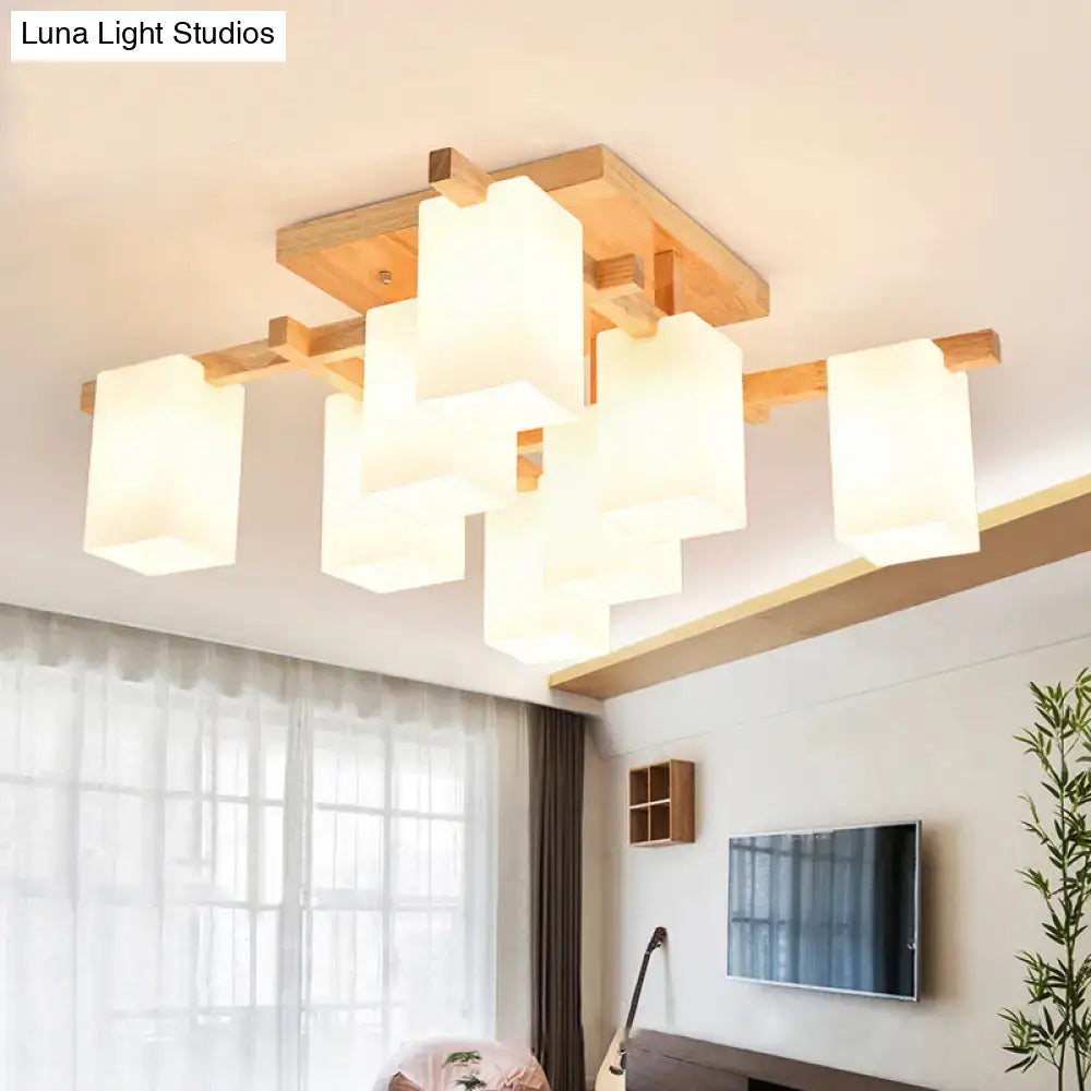Modern square wood living room flush mount with white glass shade