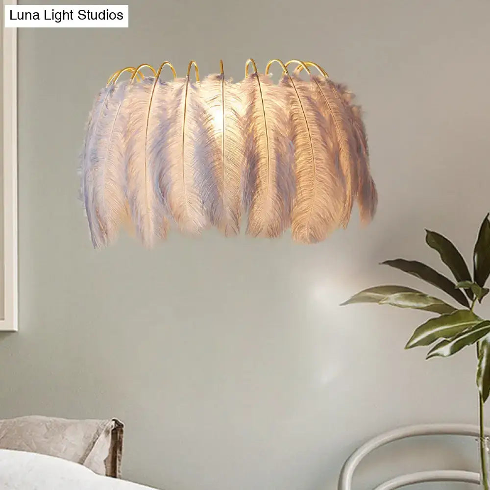 Modern style grey & white feather sconce light parlor wall decor