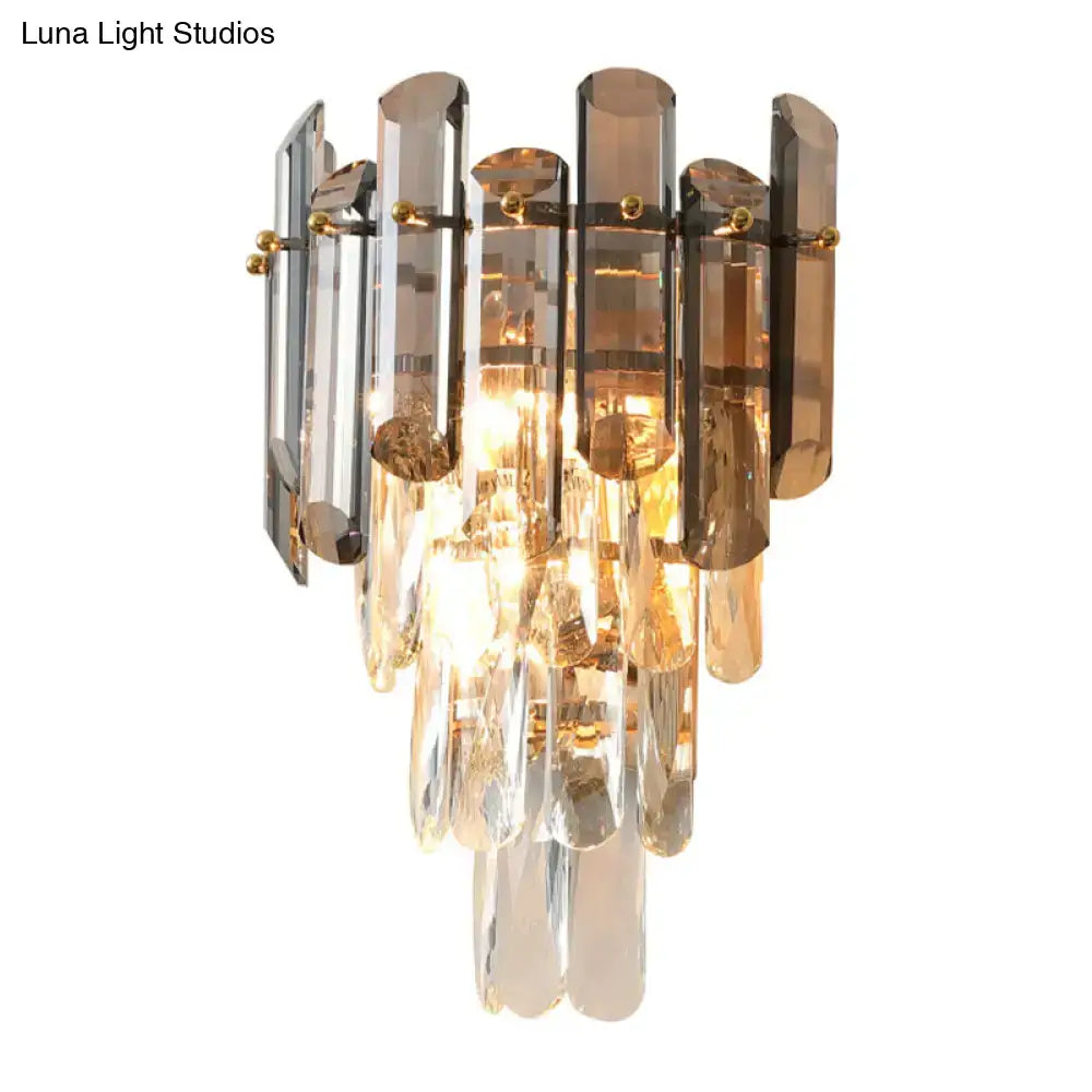Modern tiered clear & smoke grey crystal wall sconce bedroom light