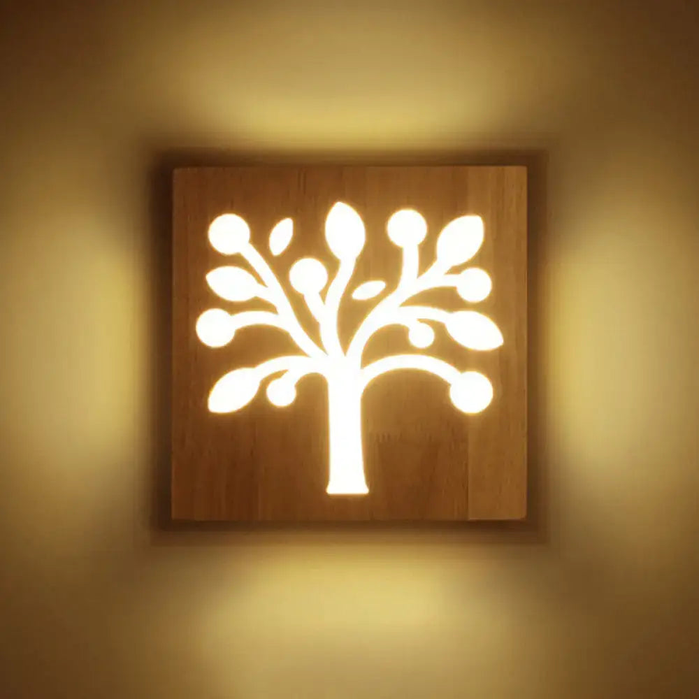 Modern tree silhouette wooden square flush mount corridor wall sconce
