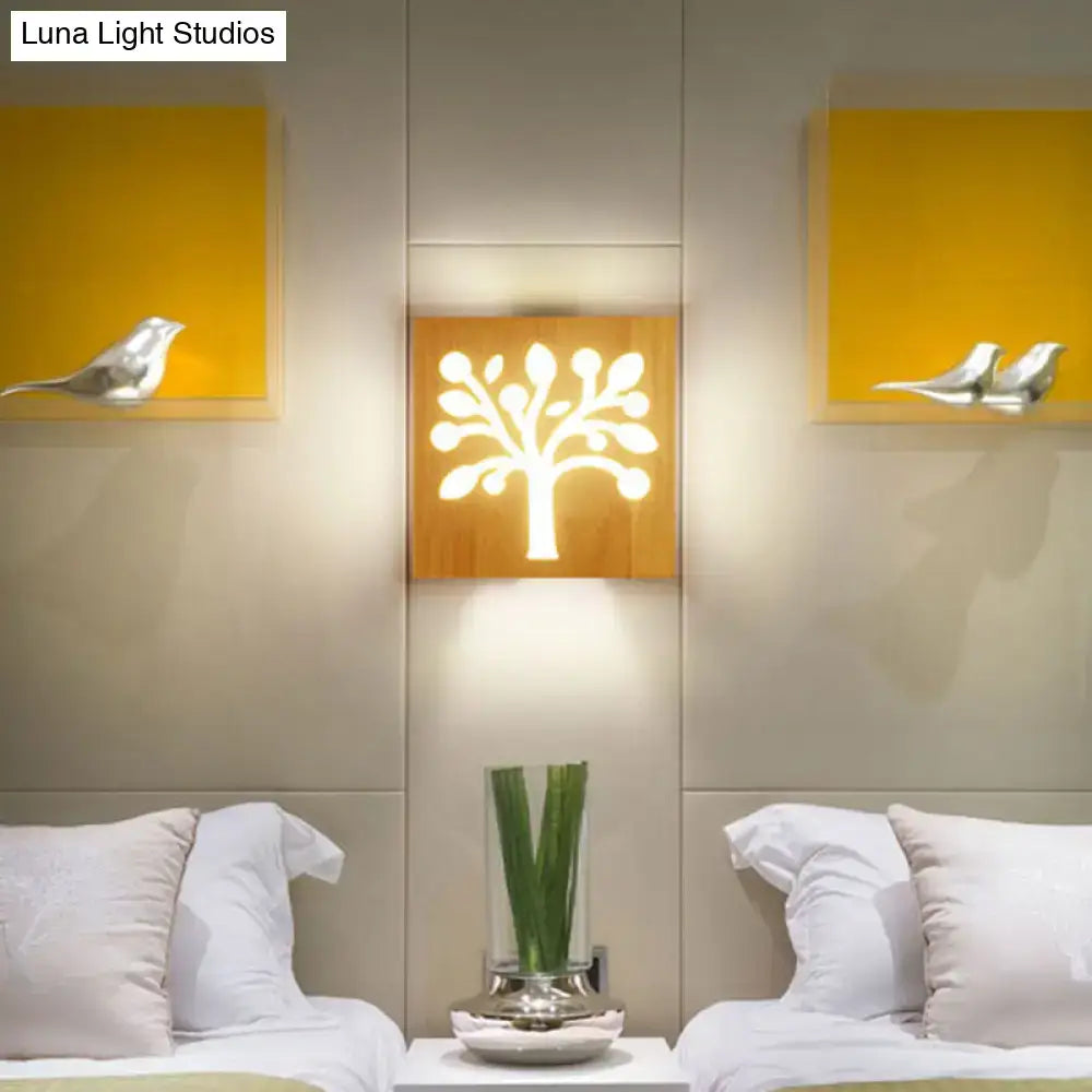 Modern tree silhouette wooden square flush mount corridor wall sconce