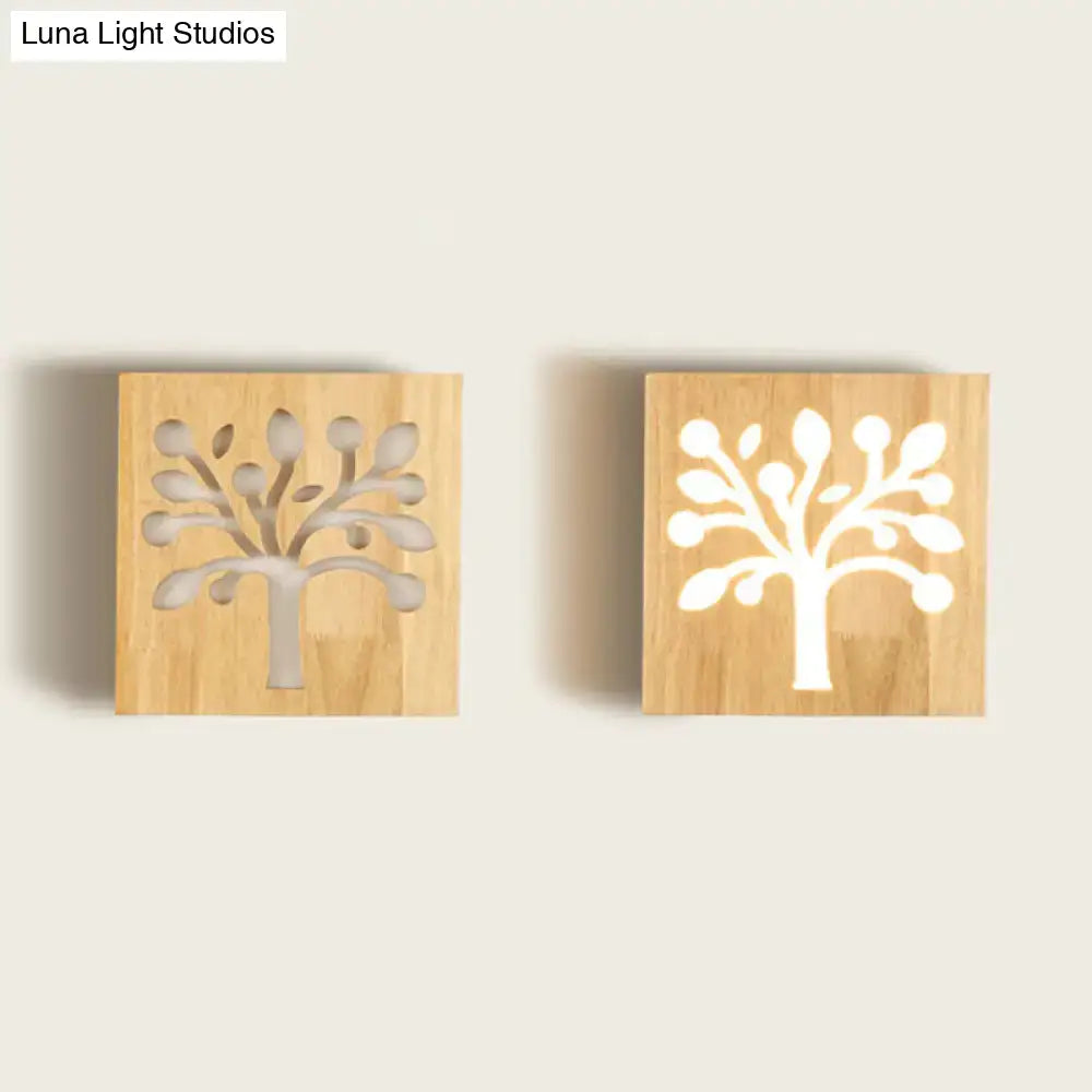 Modern tree silhouette wooden square flush mount corridor wall sconce