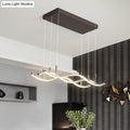 Modern rectangular metallic wavy linear island pendant led light in coffee with warm white illumination suspended by cables
