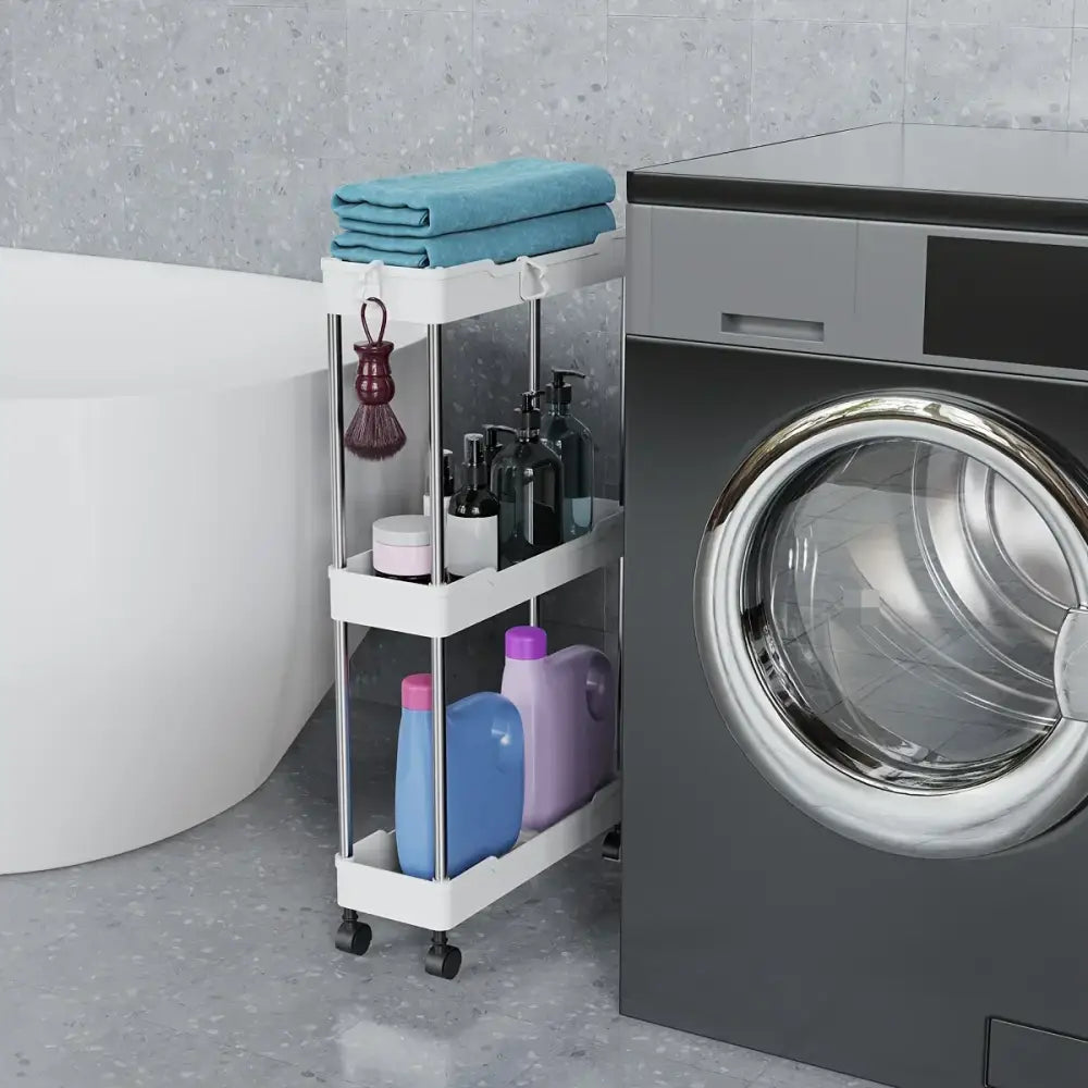 Modern white and chrome rolling utility cart bathroom storage rack