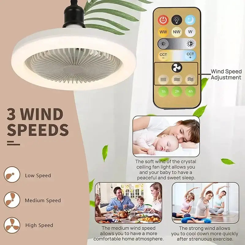 Modern white circular ceiling fan with remote control for bedroom